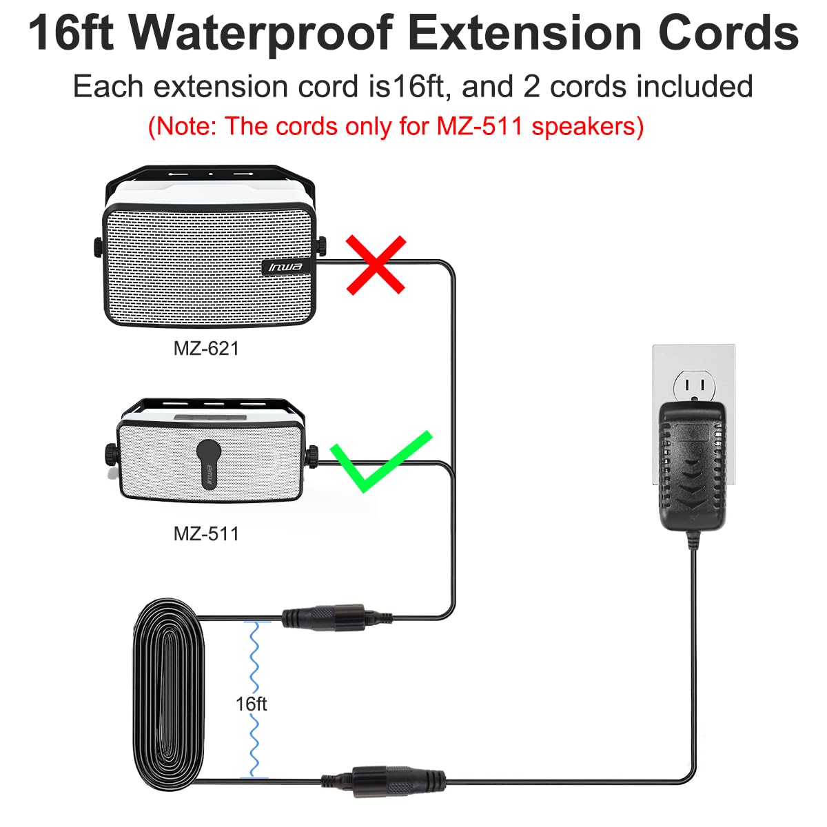 Inwa Bluetooth Outdoor Speaker Waterproof Extension Cords, Each Cord is 16ft Long, and 2 Cords Included, with Waterproof Joints and Rubber Sealing Rings, ONLY for MZ-511 (NOT Applicable to MZ-621)