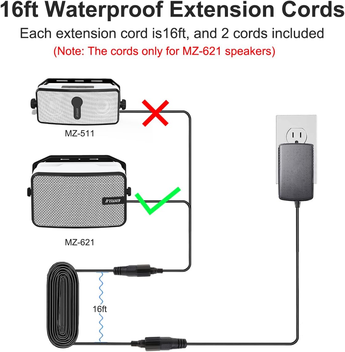 Inwa Bluetooth Outdoor Speaker Waterproof Extension Cords, Each Cord is 16ft Long, and 2 Cords Included, with Waterproof Joints and Rubber Sealing Rings, ONLY for MZ-621 (NOT Applicable to MZ-511)