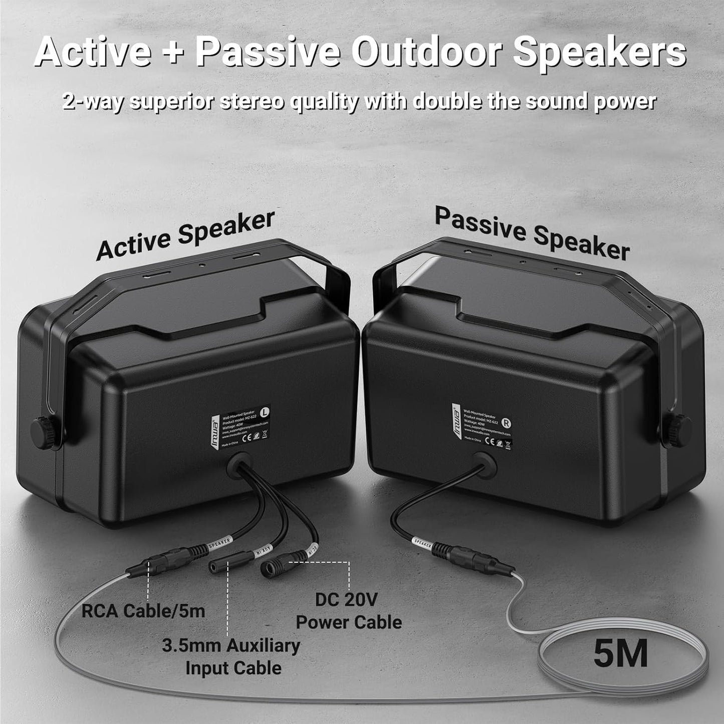 Inwa Outdoor Bluetooth Speakers, 400W Active Passive Wall Mount Speaker, Waterproof Wireless Indoor/Outdoor Stereo Sound System w/Aux in, Suitable for Patio/Porch/Gazebo/Garage(MZ-622, Pair)