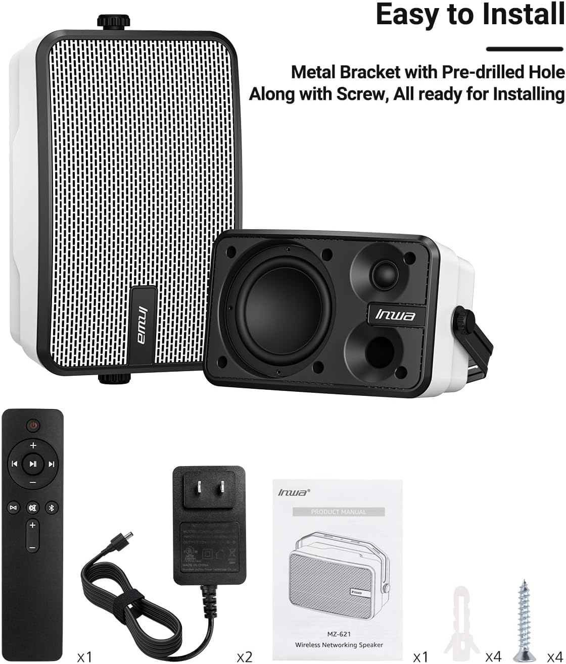 Inwa Outdoor Bluetooth Speakers, IPX5 Waterproof 400W Wall Mount Speaker, Powerful Indoor/Outdoor Sound System, Wireless Sync Up to 100 Speakers, Suitable for Patio/Porch/Gazebo/Garage(MZ-621, Pair)