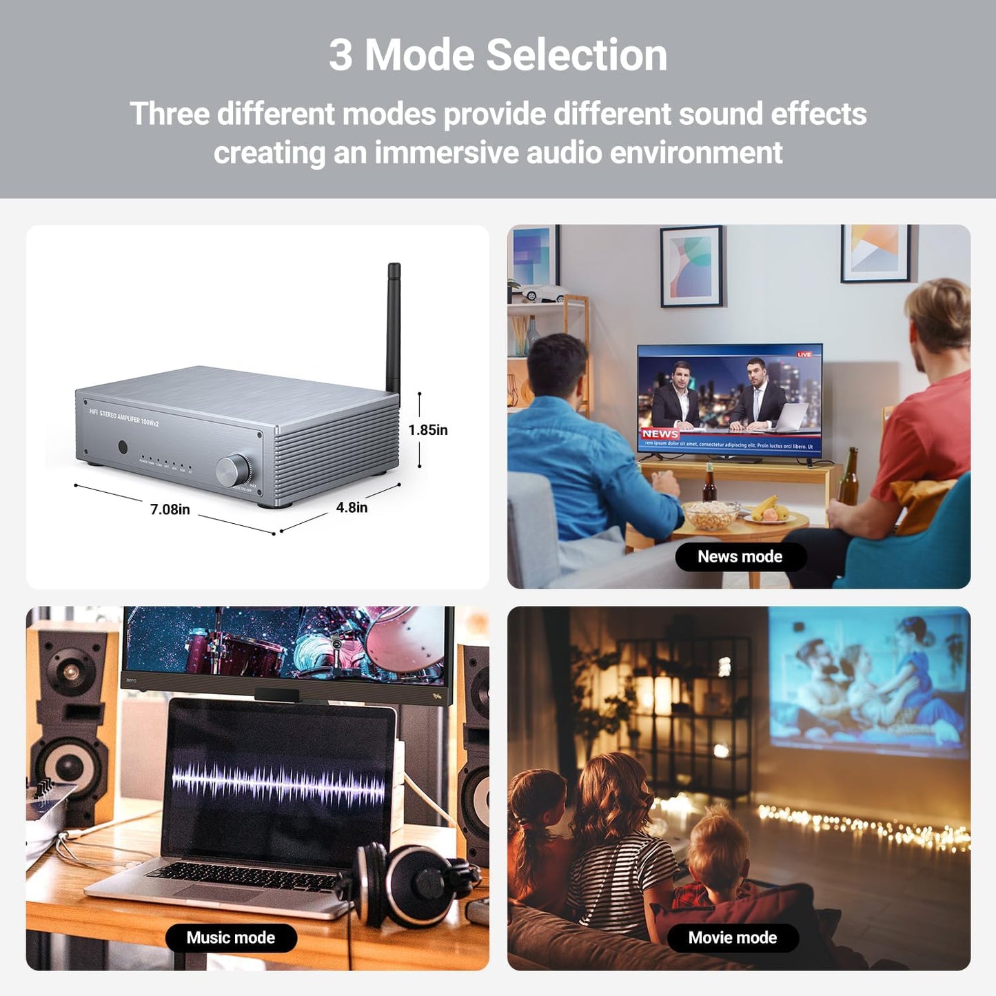 Inwa Bluetooth Audio Power Amplifier, 200W 2 Channel Amplifier Mini Hi-Fi Stereo Receiver, Stereo Amp w/HDMI(ARC), Opt, Coax, USB, RCA, for Home Speakers 100W x 2 with Bass and Treble Control