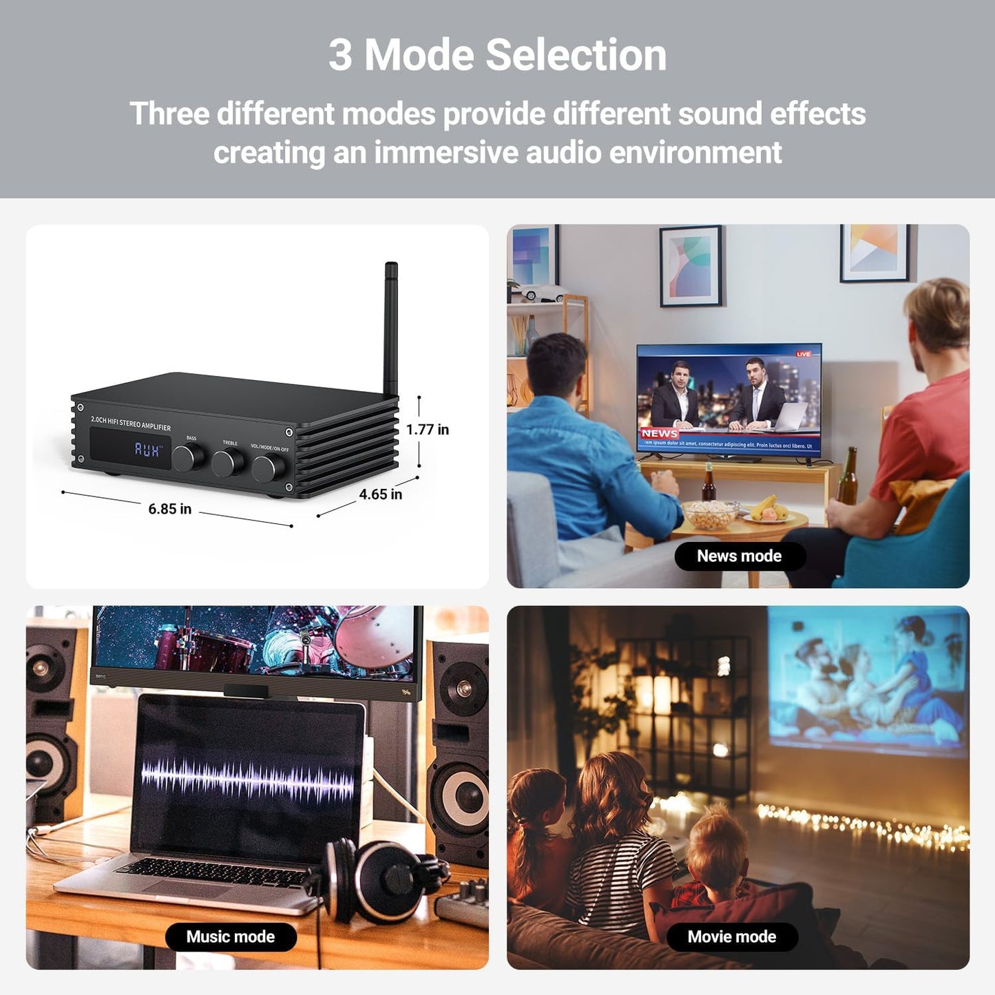 Inwa Bluetooth Audio Stereo Amplifier, 200W Dual Channel Mini Hi-Fi Stereo Receiver, 2.0CH Power Amp w/HDMI(ARC), Opt, Coax, USB, RCA for Home Speakers 100W x 2 with LED Display, Bass/Treble Control