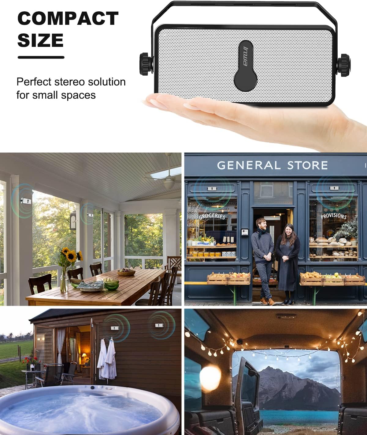 Inwa Bluetooth Outdoor Speaker, IPX5 Waterproof Wall Mount Speaker, Wireless Sync Up to 100 Speakers, Connect Seamlessly to Phone, Computer, Echo Dot, Suitable for Patio, Porch, Gazebo, Garage, 2 PCS