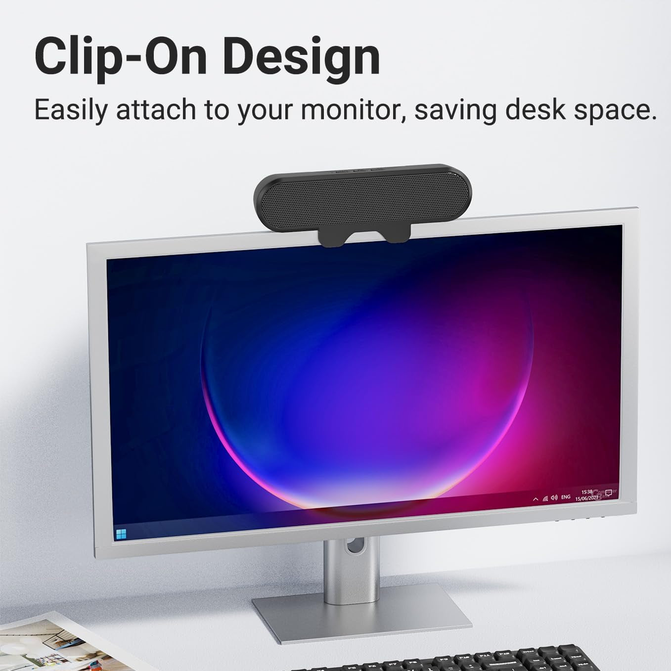 Inwa Computer Speakers for Desktop PC, USB Monitor Speaker Bar with Clip-On, Wired Desk Speakers with HD Stereo Loud Sound, Laptop Speaker Mini Sound Bar, Easily Clamps to Monitor