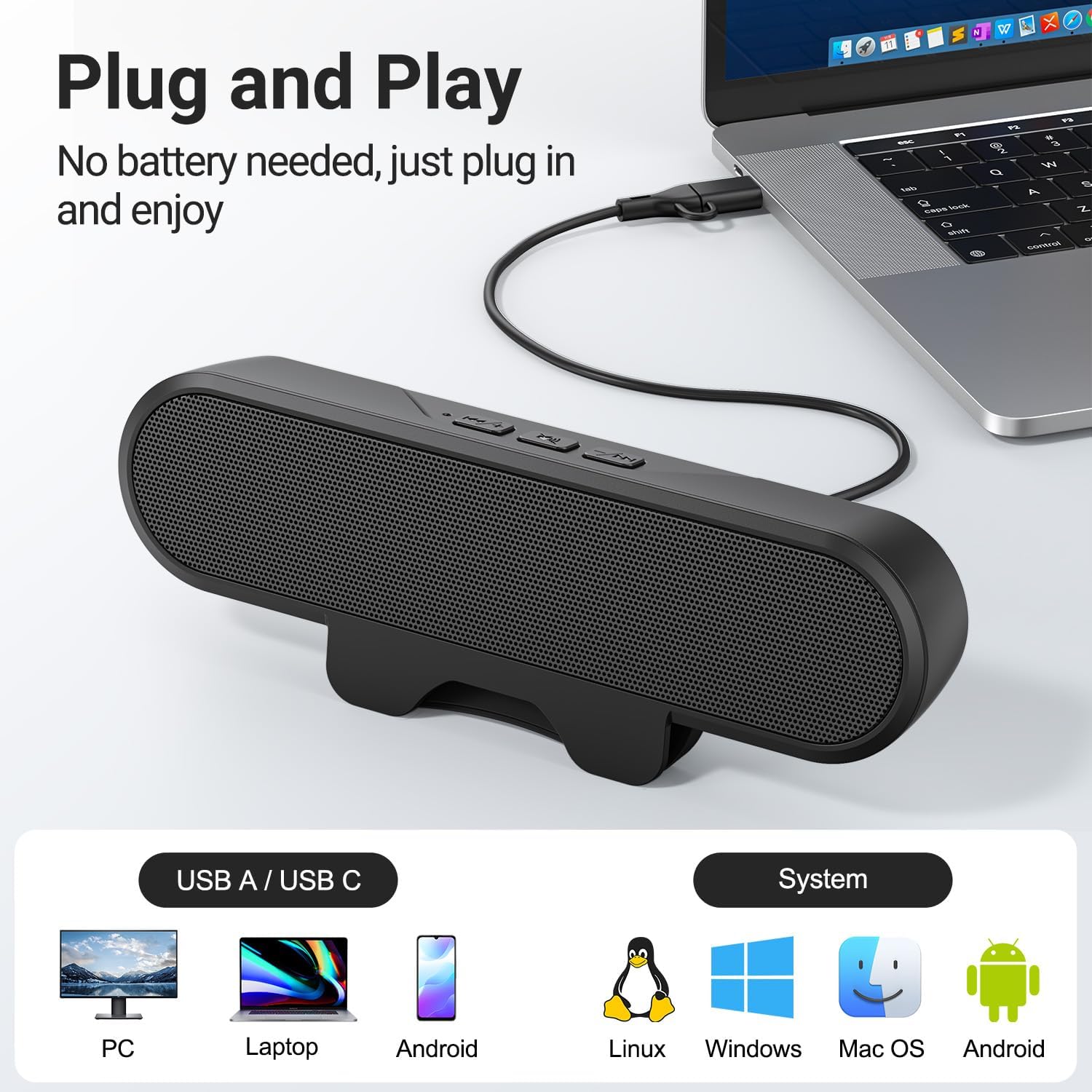 Inwa Computer Speakers for Desktop PC, USB Monitor Speaker Bar with Clip-On, Wired Desk Speakers with HD Stereo Loud Sound, Laptop Speaker Mini Sound Bar, Easily Clamps to Monitor