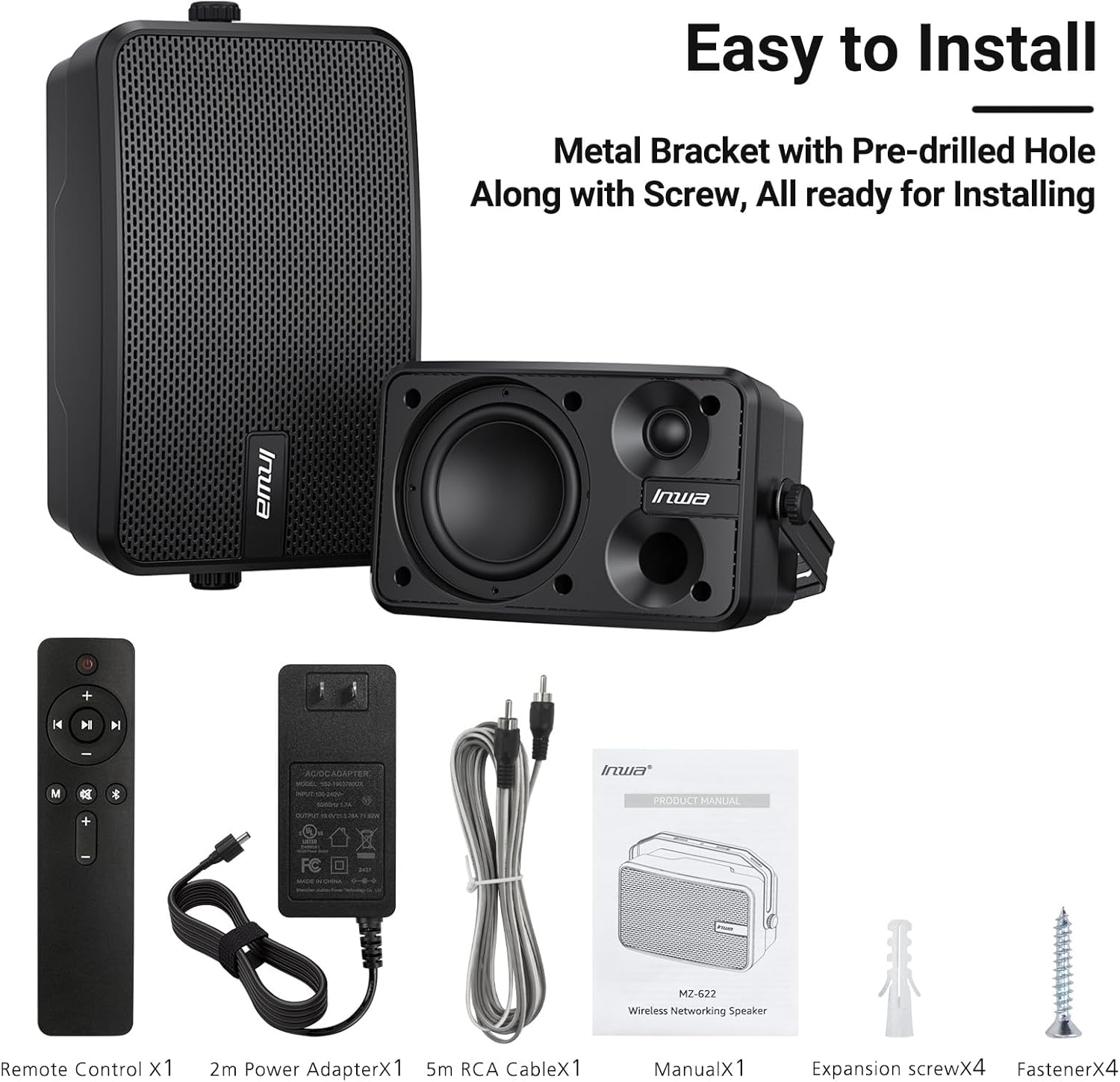 Inwa Outdoor Bluetooth Speakers, 400W Active Passive Wall Mount Speaker, Waterproof Wireless Indoor/Outdoor Stereo Sound System w/Aux in, Suitable for Patio/Porch/Gazebo/Garage(MZ-622, Pair)