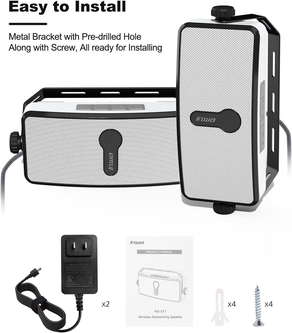 Inwa Bluetooth Outdoor Speaker, IPX5 Waterproof Wall Mount Speaker, Wireless Sync Up to 100 Speakers, Connect Seamlessly to Phone, Computer, Echo Dot, Suitable for Patio, Porch, Gazebo, Garage, 2 PCS