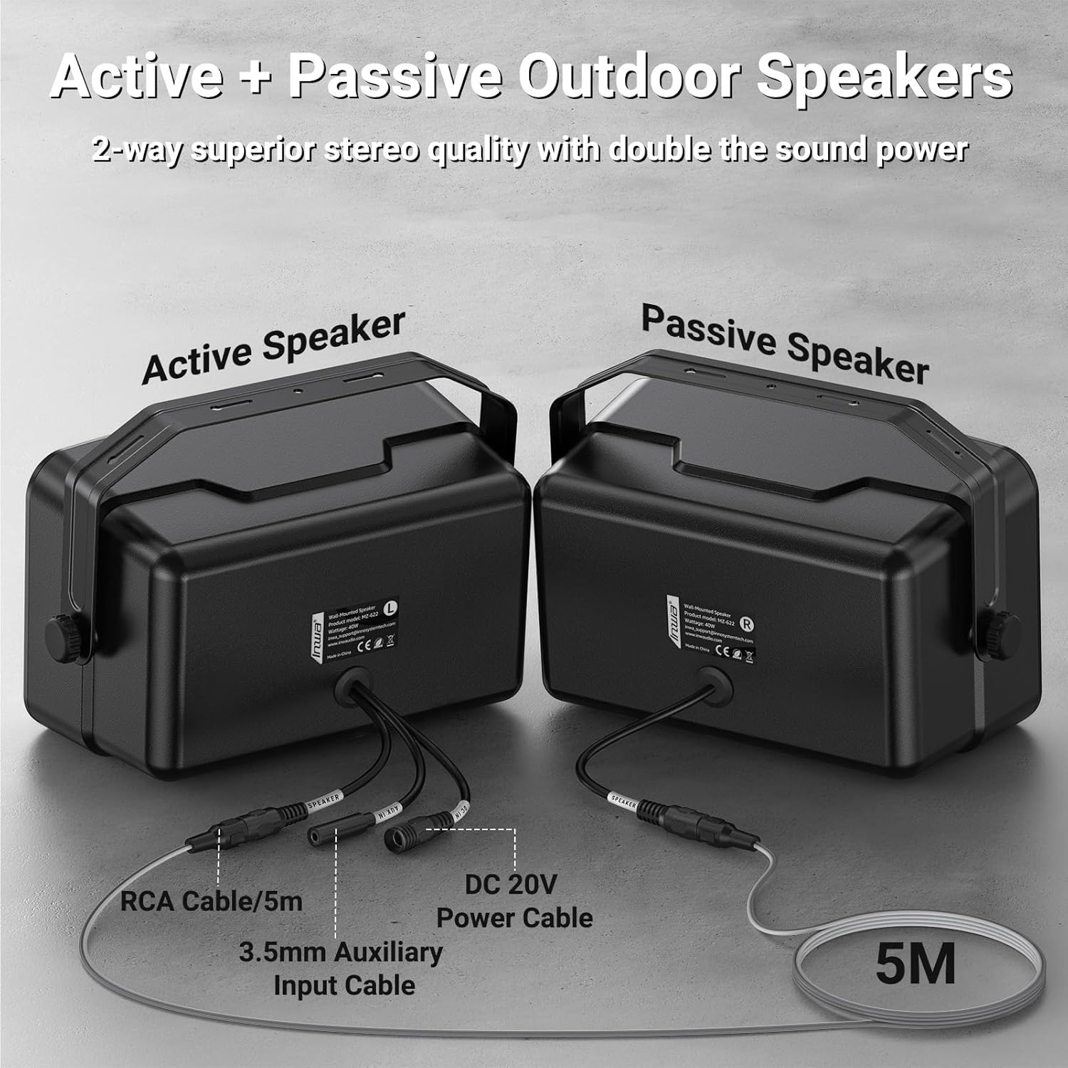 Inwa Outdoor Bluetooth Speakers, 400W Active Passive Wall Mount Speaker, Waterproof Wireless Indoor/Outdoor Stereo Sound System w/Aux in, Suitable for Patio/Porch/Gazebo/Garage(MZ-622, Pair)