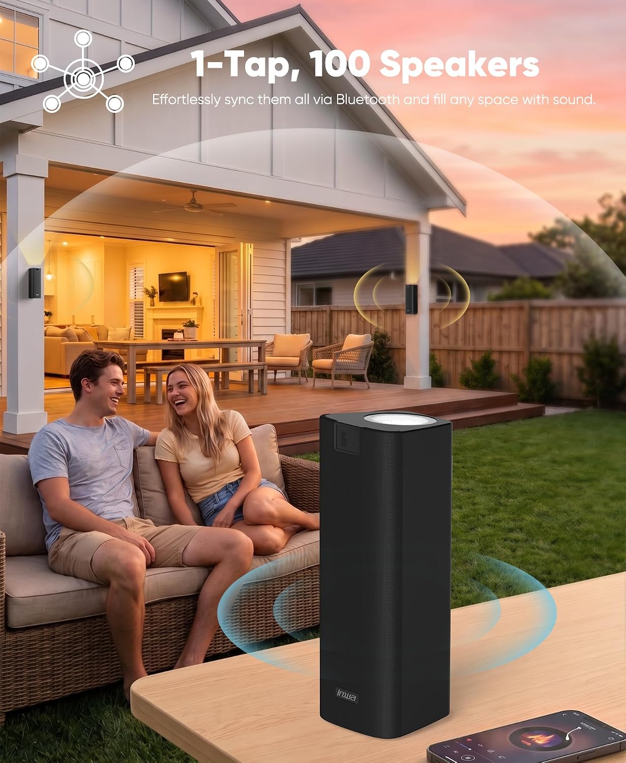 Inwa 400W Outdoor Bluetooth Speakers with Lights, IP65 Waterproof Wireless Stereo Speaker, Built-in Battery, Auracast Multi-Pairing, Wall Mount Sound System for Porch, Patio, Garage, Home
